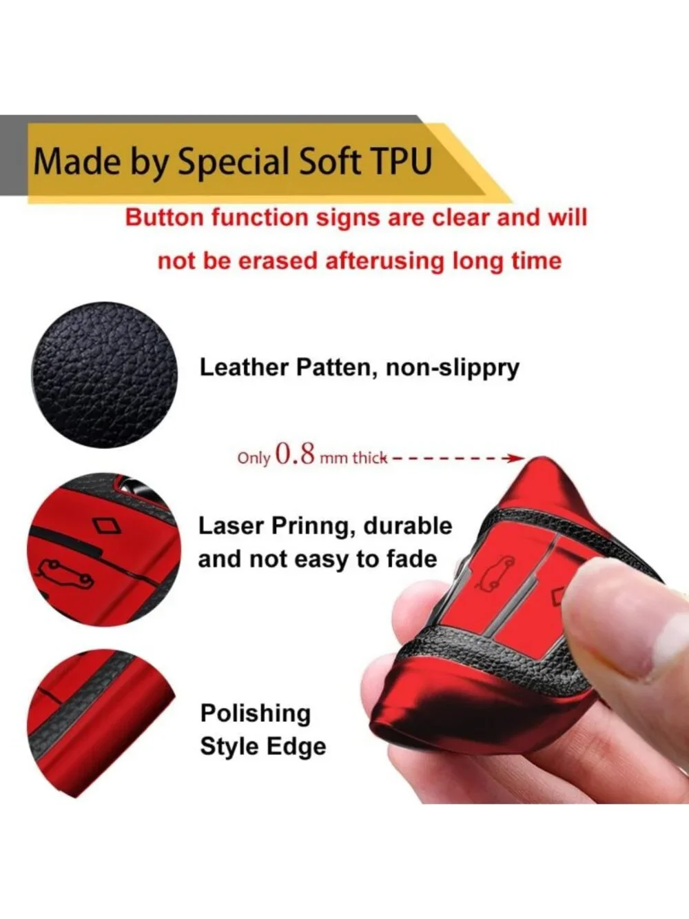Carbon Fiber Key Fob Cover with Keychain - Soft TPU Case for New BMW Keys (Red)